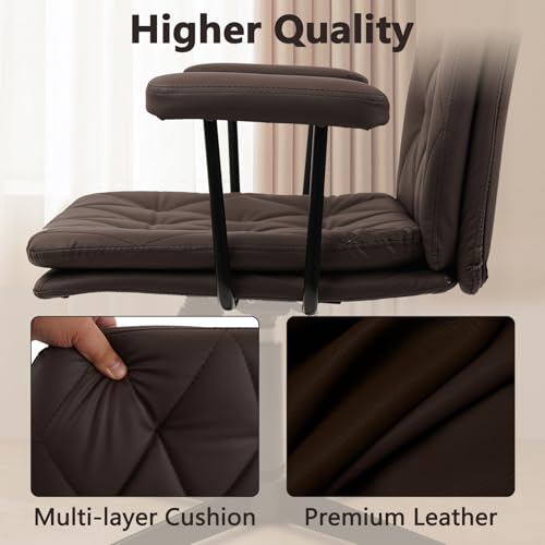 Image of CLATINA Office Chair No Wheels, Leather Criss Cross Desk Chairs with Arms, Modern Cross Legged Computer Chair, Mid Back Height Adjustable Swivel Task Vanity Chair for Home Office, Brown