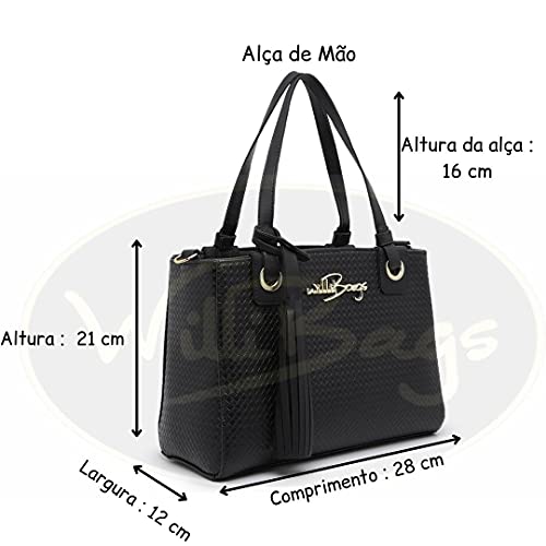 Kit 2 Bolsas Grande + Media Com Transversal + Carteira Willibags (Preta)