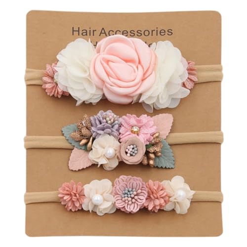 Image of SYGA 3 Pack Baby Girl Floral Headbands - Soft Stretchable Nylon Flower Comfortable Elastic Hairbands for Newborns, Infants & Toddlers 0-3 Years (Design-4)