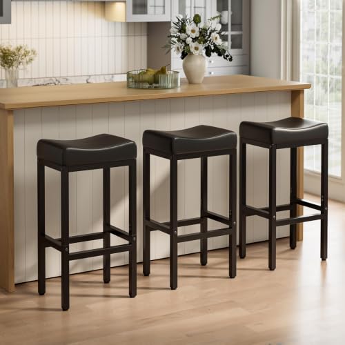 Image of Bar Stools Set of 3-24 Inch Counter Height Chairs for Kitchen Island, Leather Seat with 400 LBS Heavy-Duty Metal Frame and Adjustable Feet, Easy to Assemble for Bar, Cafe or Dining Room,Black