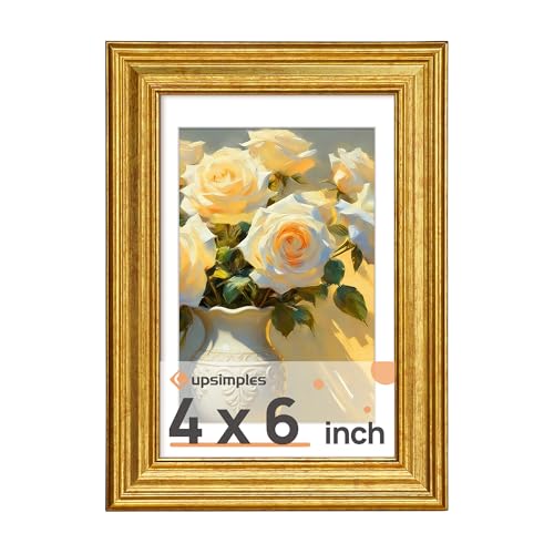 upsimples Vintage 4x6 Picture Frame Antique Gold Frames Display 3.5x5 with Mat or 4 x 6 Without for Wall or Tabletop Decor 1pack