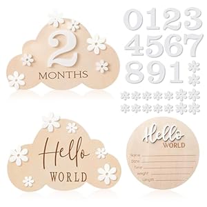3 Pcs Baby Monthly Milestone Cards, Wooden Baby Month Sign with 11 Numbers and 16 Petal Flower Accessories, Baby Monthly Cards Baby Announcement Sign Baby Milestone Cards for Photo Prop Baby Shower