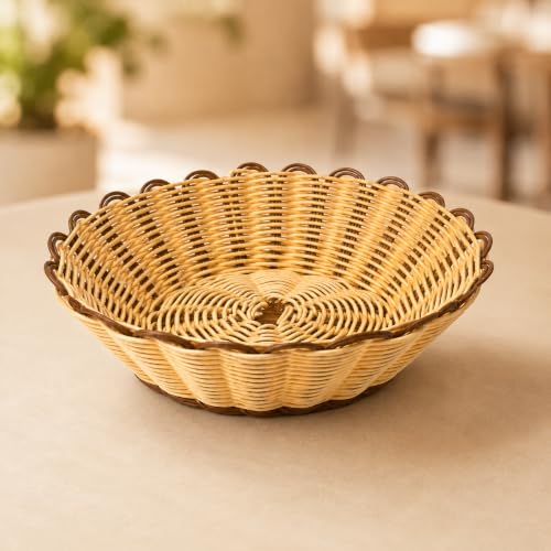 Image of Multi-Use Wicker Serving Basket for Bread, Fruits & Snacks | Round Rattan Style Food Basket | Table Organizer for Home, Restaurants, Cafes & Hotels