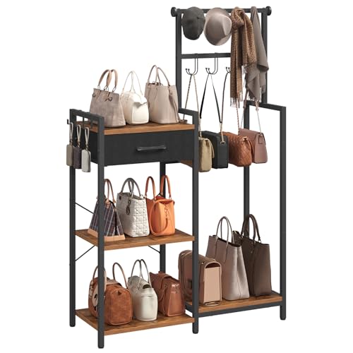 MAHANCRIS 3-Tier Tall Purse Organizer Rack Handbag Storage Stand with 11 Hooks & Drawer Floor Standing Bag Organizer for Small Spaces Large Capacity Handbag Holder Shelf Bedroom Rustic Brown