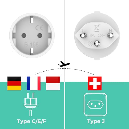 Deutschland auf Schweiz 3 Stück Adapter Deutschland Schweiz, EU auf Schweizer Stecker, Schweiz Reiseadapter, Typ C/E/F Steckdose zu Typ J Stecker für Malediven, Ruanda, Liechtenstein