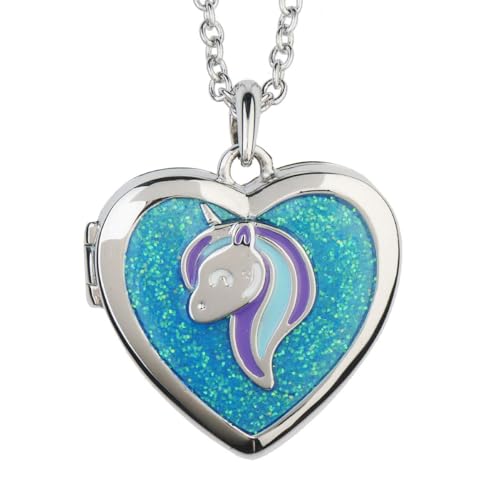 iSparkle Unicorn Heart Locket Necklace | Sparkly Glitter Animal Pendant | Secret Inside Storage | Silver Tone Chain