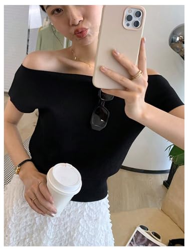 Image of WDIRARA Women's Off The Shoulder Tops Casual Short Sleeve Tunic T Shirts Lightweight Knit Sweaters