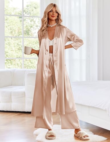 Image of Ekouaer Silk Robes for Women Long Satin Bride Bridesmaid Wedding Party Robes Lightweight Sexy Sleepwear with Pockets