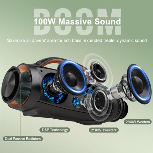 Image of DOSS Extreme Boom+ Loud Bluetooth Speaker with 100W Stereo Sound, Extra Bass, 20H Playtime, Party-Sync Led Lights, Built-in Power Bank, IPX6 Waterproof Outdoor Speaker for Camping, Travel-Copper Gold