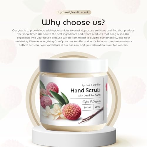 CalmGrace Exfoliating Hand Scrub with Dead Sea Salts, Lychee & Vanilla Scent | Hand Scrub Exfoliator in Sorbet Texture, Body Care Moisturizer | Fortified with Aloe Vera, Coconut Oil, Vitamin C 250g