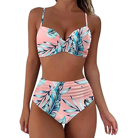 Women's Bikinis Set High Waisted Solid/Printed Ladies Bikini Set Push Up Vintage Beachwear Twist Front Bikini Top Pleated Tummy Control Tropical Beach Wear Cover