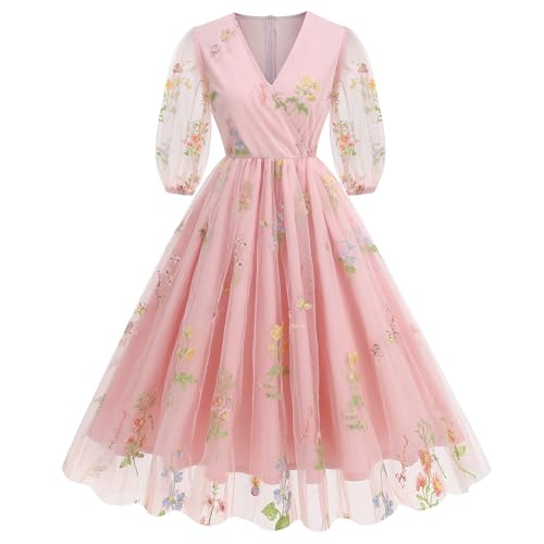 Image of Women Half Sleeve Flower Embroidery Tulle Prom Dress Formal Party Gown Wrap V Neck Flare A Line Wedding Guest Cocktail Dress