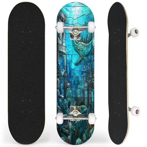 Complete Skateboard with Marine Life Mystical Ocean Luminescence Beginner Skateboard 7-Layer Maple Wood Double Kick Concave Skateboards for Kids, Adults, Teens 31