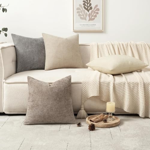 Image of MIULEE Pack of 4 Couch Throw Pillow Covers 22x22 Inch Neutral Beige /Brown Soft Decorative Chenille Pillow Covers Farmhouse Accent Cushion Covers for Boho Spring Home Decor Sofa Bedroom Living Room