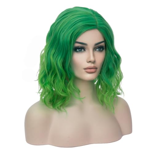 Image of BERON Green Wigs for Women Short Curly Bob Wavy Wig Girls Ombre Green 14 inch Body Wave Shoulder Length Hair Wig Heat Resistant Synthetic Halloween Cosplay Daily Party Wigs