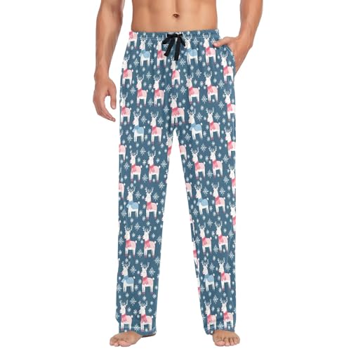 Mens Cotton Pajama Pants Sleep Lounge Pj Bottoms Sleepwear with Pockets Drawstring S Deer Scarf