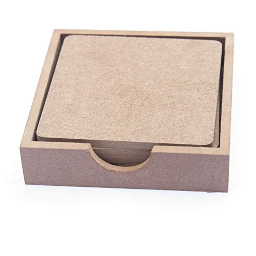 Image of IVEI MDF DIY Coasters with Holder Stand - MDF Plain Wooden Coasters & Holder Blank Cutouts for Painting, Sheet Craft, Decoupage, Resin Art Work & Decoration (Square with Holder)