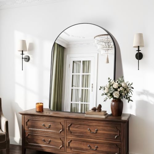Image of BONEWEI Arched Wall Mirror,36x48 inch Black Arched Mirror Bathroom,Vanity Mirror for Over Sink Metal Frame,Tempered Glass Arch Mirrors for Bedroom,Entryway,Living Room,Home Decor Shatter-Proof