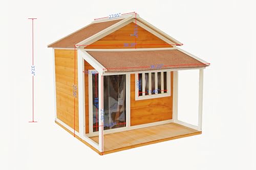 Indoor-Outdoor Wooden Dog House, Porch, Asphalt Roof, Plastic Door Curtain, Ventilation Windows, Brown, Weatherproof, Small to Medium Dog, Puppy Kennel - Image 3