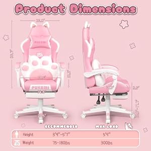 PUKAMI Pink Gaming Chair Cute with Cat Ears and Cat Paw Lumbar Cushion, Ergonomic Computer Chair for Girl with Footrest and Headrest, Comfortable Reclining PC Game Chair for Adult, Teen, Pink PUKAMI Pink Gaming Chair Cute with Cat Ears and Cat Paw Lumbar Cushion Ergonomic Computer Chair for Girl with Footrest and Headrest Comfortable Reclining PC Game Chair for Adult Teen Pink
