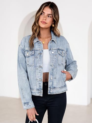 Image of Glamaker Womens Jean Jacket 2026 Casual Basic Trendy Button Down Long Sleeve denim Jacket Coat With Pockets