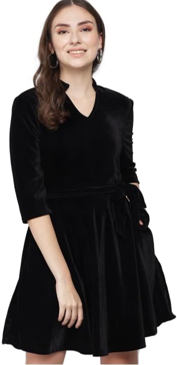 A-Line Party Dress for Women with Waistband | Shiny Velvet Quarter Sleeves V-Neck Stylish Outfit Black X-Large