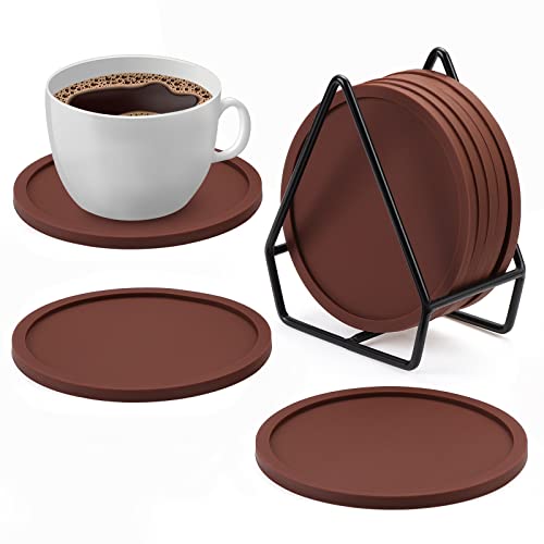 Coptiner Lot de 8 dessous de verre ronds antidérapants en silicone avec support pour tasses à café, tasses, verres à vin, bouteilles de maison et bar Cover