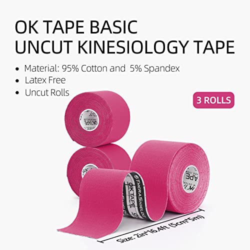 Image of OK TAPE Kinesiology Tape (3 Pack) Latex Free Cotton Uncut 2in x 16.4ft | Regular Original Elastic Water Resistant Therapeutic Athletic Tape for Support Muscle Joint Knee Injury Recovery Pink