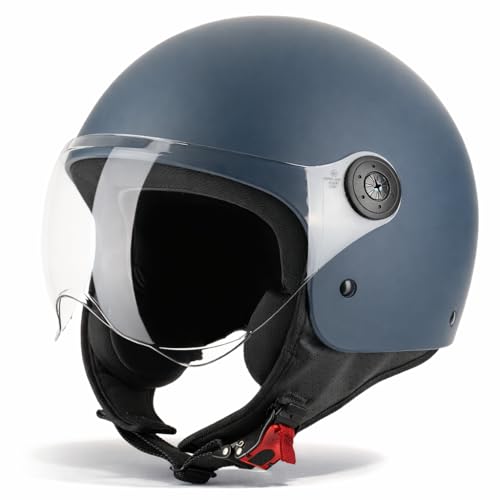 VINZ Duoro Casque Moto Type Jet pour Scooter et Cyclomoteur | pour Hommes et Femmes | Tailles XS à XXL | Visière Intégrée | Homologué ECE 22.06 - Bleu...