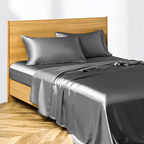 KBC linen Satin Flat Sheet Full [1-Piece Flat Sheet Only, Dark Grey] Hotel Luxury Silky Flat Bed Sheet - Extra Soft Silky Satin Flat Sheet/Top Sheet