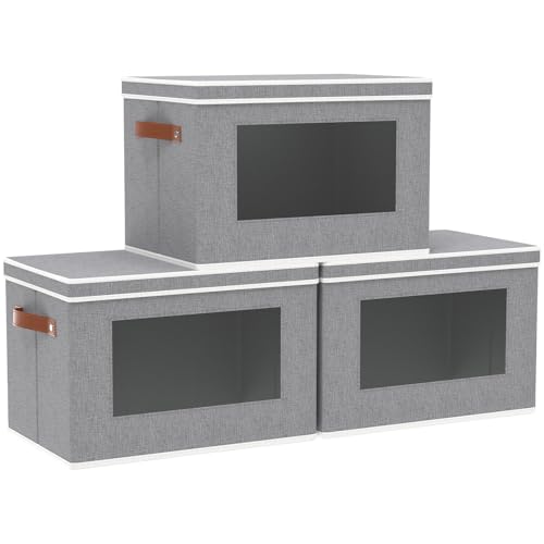 OUTBROS 3 Pezzi Scatole Portaoggetti in Tessuto, Contenitori Cartone con Coperchio, Organizer Pieghevole, Cestini Armadio con Finestra Trasparente, Cubi Salvaspazio,45x30x30 cm, Grigio