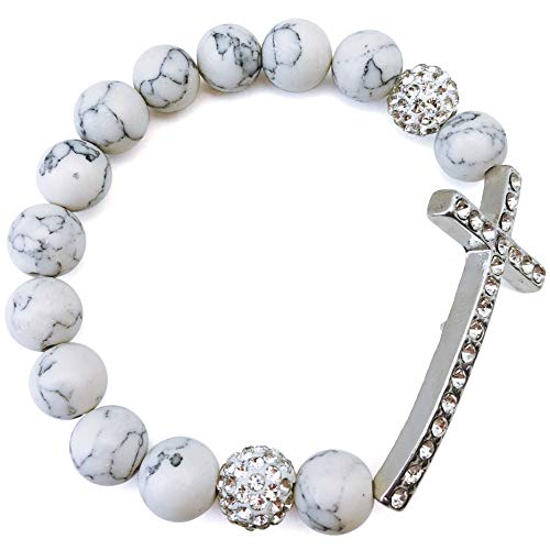 Bocar Metal Rhodium Plated Sideway Crystal Cross Simulated Turquoise Beads Stretch Bracelet Bangle For Women Hot (Zp-White) #TOP6