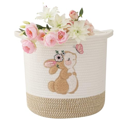 Image of Toy Storage Baskets Woven Cotton Rope Storage Basket for Kids, Blanket Baskets for Living Room Stuffed Animal Storage Toys Organizer with Embroidery Decor, Cute Baskets for Nursery (Bunny)