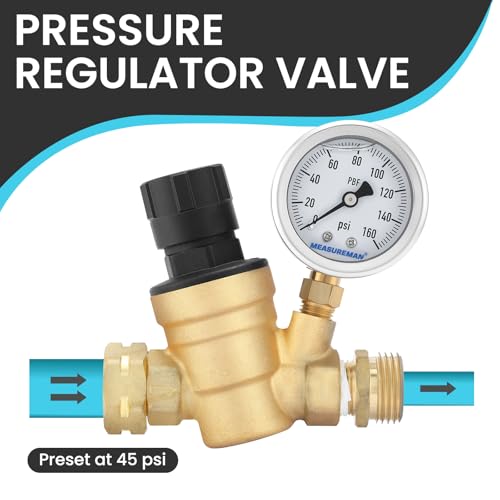 MEASUREMAN Adjustable Lead-Free Brass RV Water Pressure Regulator with 160 PSI Liquid-Filled Gauge, Inlet Screened Filter, and Portable Bag for Camper, Trailer, Garden, and Plumbing Systems
