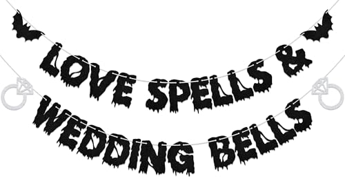 SJcysrilla Love Spells & Wedding Bells Banner Halloween Bachelorette Party Decorations Halloween Wedding Anniversary Party Decoration Supplies Black Glitter