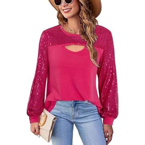 Sequin Tops for Women New Year Party Sparkle Shirts Elegant Puff Long Sleeve Glitter Cutout Front Blouses Cover