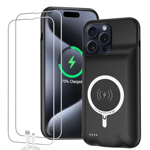 Battery Case for iPhone 15 Pro Full Encircle 10000mAh High Capacity Rechargeable Portable Charger Case Extended Battery Pack for iPhone 15 Pro (6.1 inch) Wireless Charging Cover with Carplay-Black