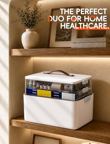 Image of Medicine Organizer Box, 3-Tier Medicine Storage Box with Clear Trays and Carry Handle, Empty First Aid Kit Organizer for Pills, Bottles, Bandages, Home Cabinet