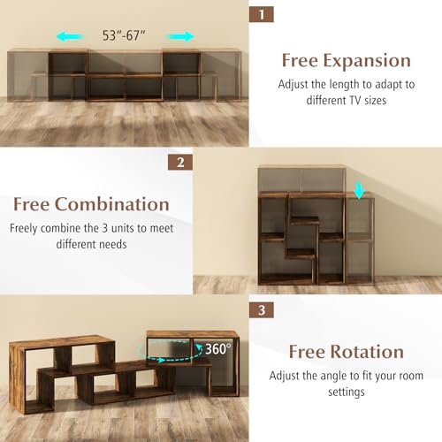 Image of Giantex Free-Combination TV Stand for Bedroom - Entertainment Center for 50 55 60 65 Inch TV, 3-Piece Media Console Table with Storage Cubes, Deformable Open Storage Bookcase Shelf (Brown)
