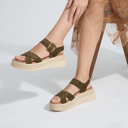 Image of UBFEN Womens Espadrille Platform Sandals Low Wedge Heel - Orthopedic Arch Support, Cushion Insole, Comfortable Dressy Buckle Sandals for Walking and Vacation