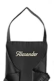 KringsFashion Schürze, Kochschürze mit Name oder Wunschbegriff, hochwertig Bestickt, Schürzenfarbe schwarz, Schürze und Stickerei deutsche Produktion;
