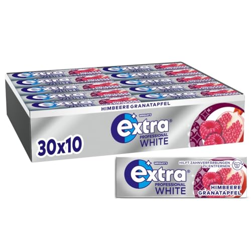 Extra Professional White Himbeere Granatapfel, Zuckerfreier Kaugummi, Multipack mit 30×10 Dragees, Für frischen Atem