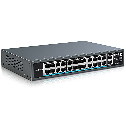 NICGIGA 26 Port PoE Switch with 24 Ports 10/100Mbps PoE+@400W, 2 Gigabit Uplink Ports, VLAN Mode, Sturdy Metal Case and Desktopl/19 inch RackMount, Plug and Play, Unmanaged(FS2420GP)