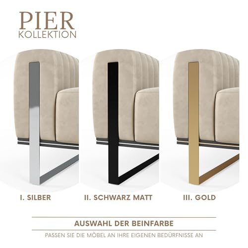 FURNISTAR Premium Pier Sofa 2-Sitzer, Glamour Design, Polstersofa mit drehbarer Rücklehne, Couch, Sofagarnitur, Wohnzimmer, goldene Metallfüße, Velour-Stoff - Dunkelgrau – Bild 6