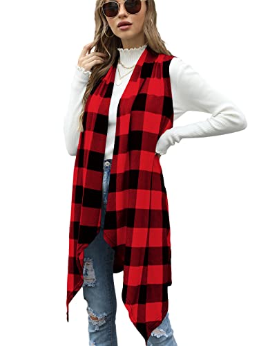 Womens Buffalo Plaid Open Front Cardigan Sleeveless Lightweight Vest Drape Jacket Coat With Pockets Red #TOP7