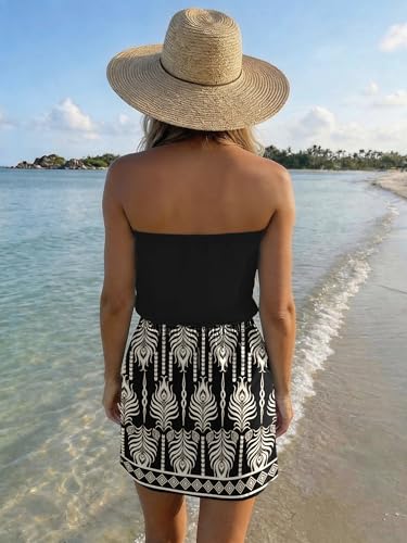 Image of SAUKOLE Summer Dress for Women Strapless Beach Cover Ups Boho Sundress Mini Dress Drawstring Waist with Pockets