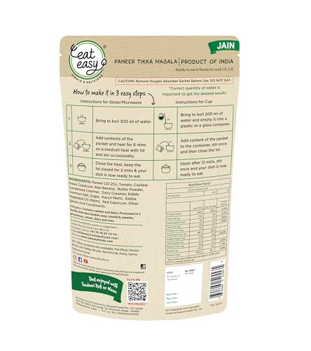 Image of Eat Easy Ready To Eat Jain Paneer Tikka Masala- 95g (Pack of 2) No Onion | Just Add Hot Water & Cook, After Preparation 315g | Freeze Dried Restaurant Style Instant Indian Curry for Travel, Road Trip