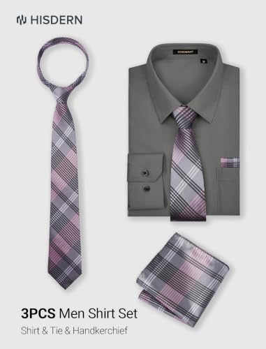 Image of HISDERN Mens Dress Shirt with Tie Pocket Square Set Classic Button Down Shirt Matching Tie Long Sleeve Shirts