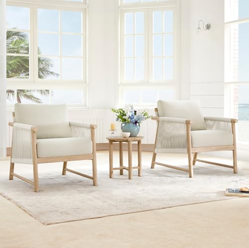 CHITA Boho Rattan Chairs Set for Sunroom, Outdoor/Indoor, Modern Wicker Armchair with Thickened Cushions & Acacia Wood Frame (Cream)