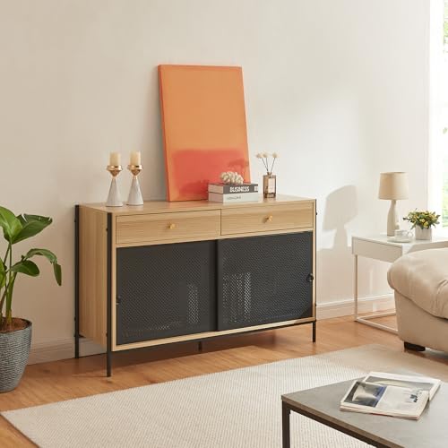 [en.casa] Meuble TV avec 2 Tiroirs et 2 Portes Coulissantes Passe-Câbles Banc Télévision Table Télé pour Salon Chambre Panneau de Particules 120 x 40 x 75 cm Effet Chêne Noir